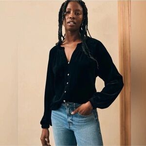 NWT Faherty Naomi Velvet Split V-Neck Button Shirt Black Women's Small $188